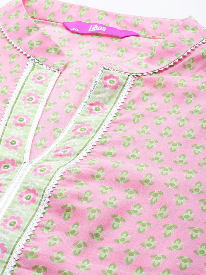 Plus Size Pink Printed Cotton Straight Kurta With Palazzos & Dupatta
