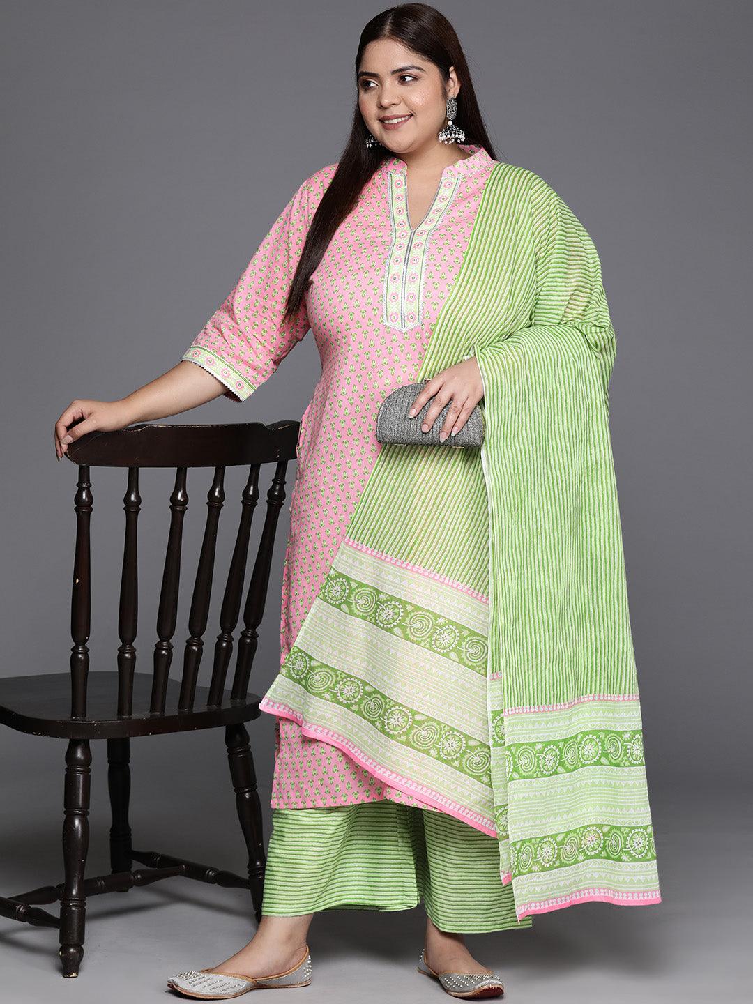 Plus Size Pink Printed Cotton Straight Kurta With Palazzos & Dupatta - ShopLibas 