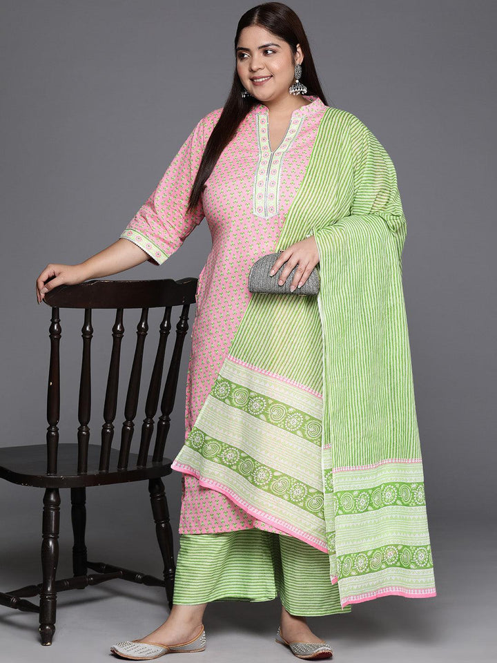 Plus Size Pink Printed Cotton Straight Kurta With Palazzos & Dupatta