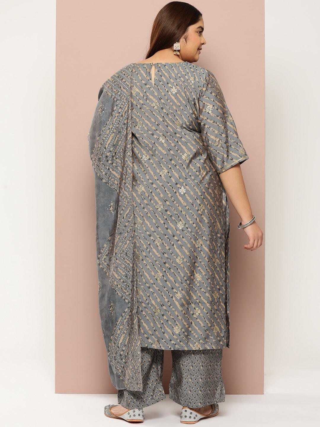 Plus Size Grey Yoke Design Silk Blend Straight Kurta With Trousers & Dupatta - ShopLibas 