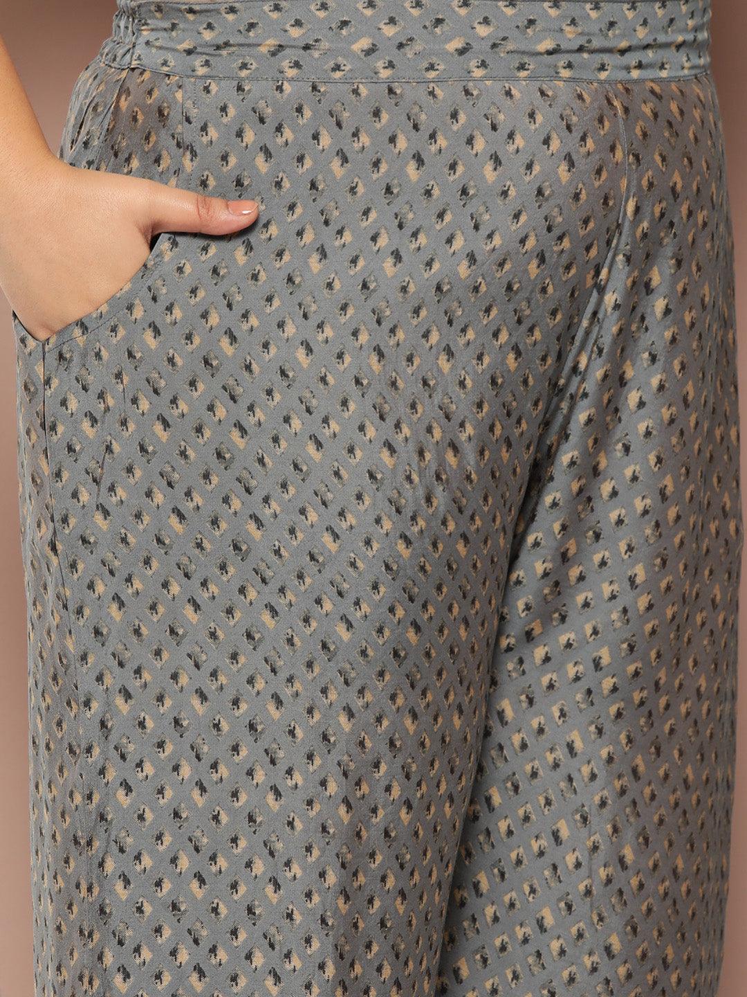 Plus Size Grey Yoke Design Silk Blend Straight Kurta With Trousers & Dupatta - ShopLibas 