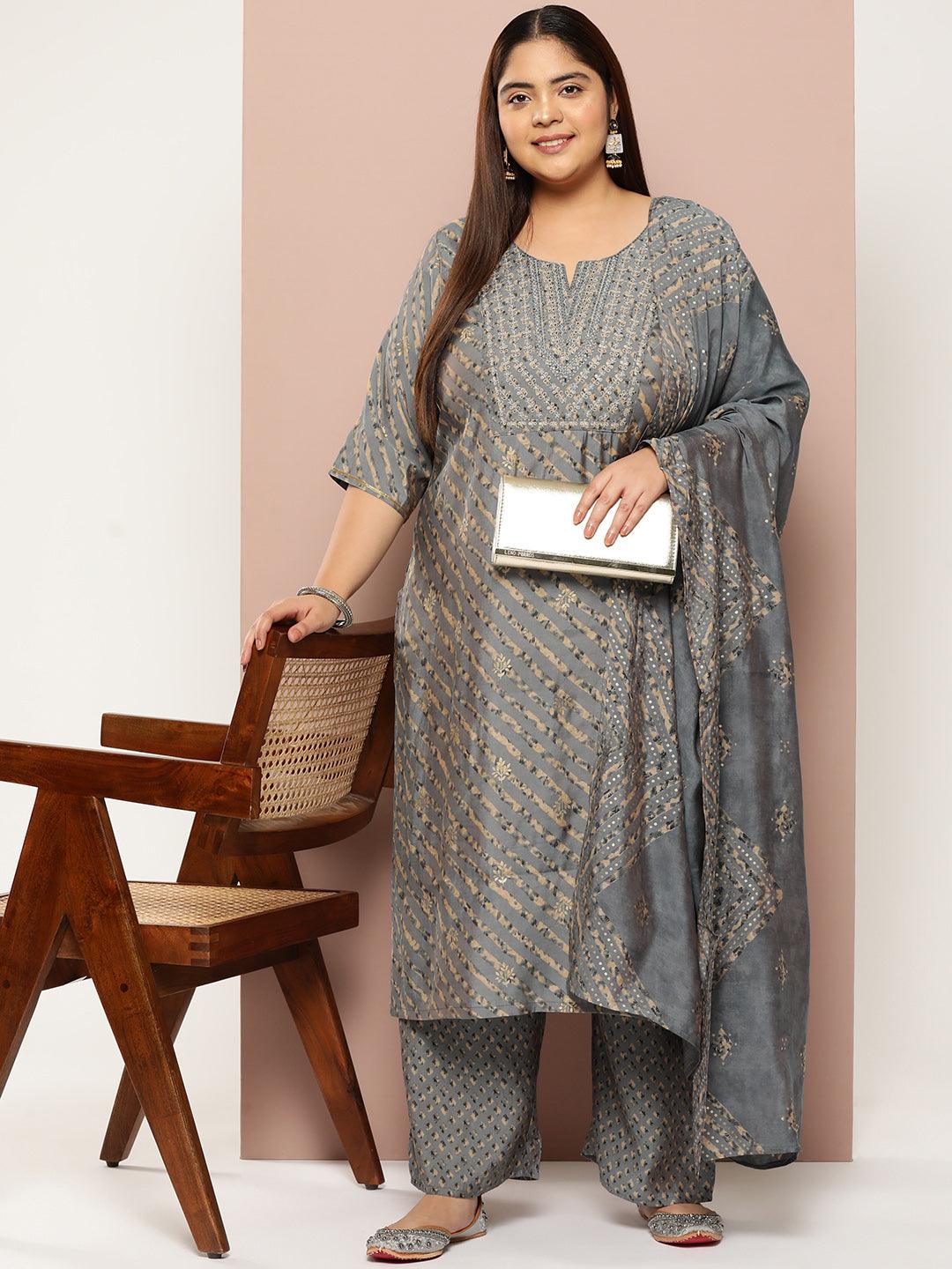 Plus Size Grey Yoke Design Silk Blend Straight Kurta With Trousers & Dupatta - ShopLibas 