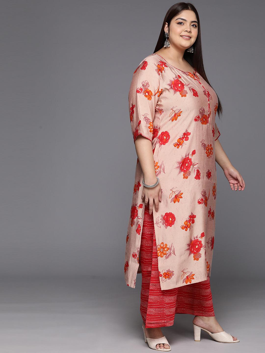 Plus Size Red Printed Silk Blend Straight Kurta With Palazzos & Dupatta - ShopLibas 