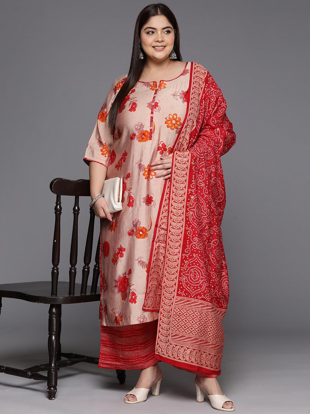 Plus Size Red Printed Silk Blend Straight Kurta With Palazzos & Dupatta - ShopLibas 