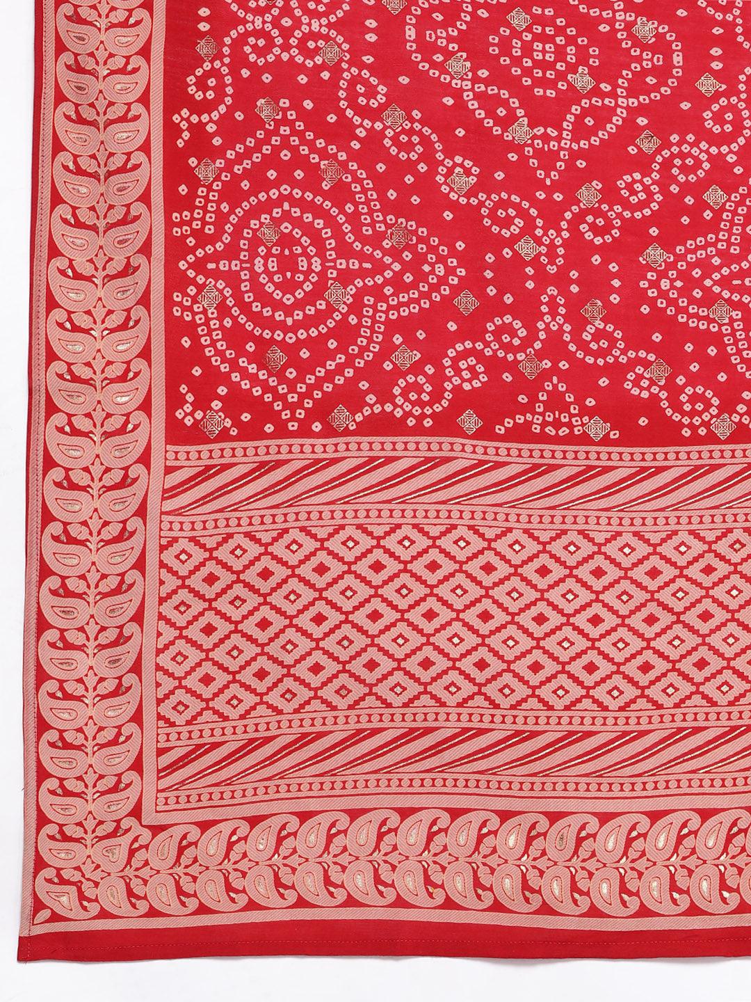 Plus Size Red Printed Silk Blend Straight Kurta With Palazzos & Dupatta - ShopLibas 