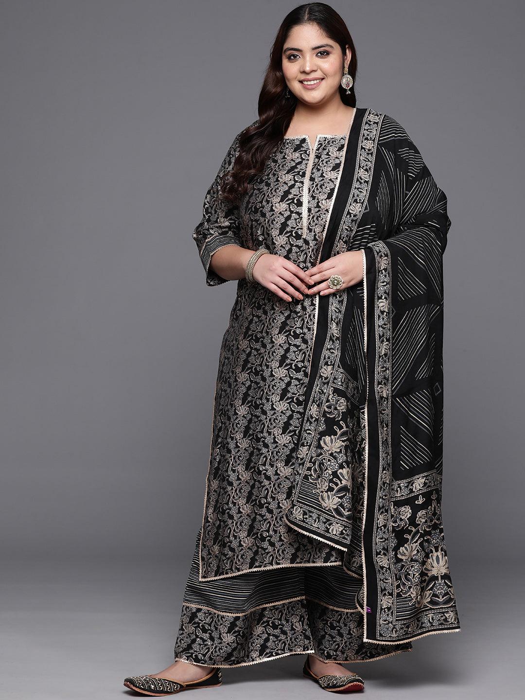 Plus Size Blue Printed Silk Blend Straight Kurta With Palazzos & Dupatta - ShopLibas