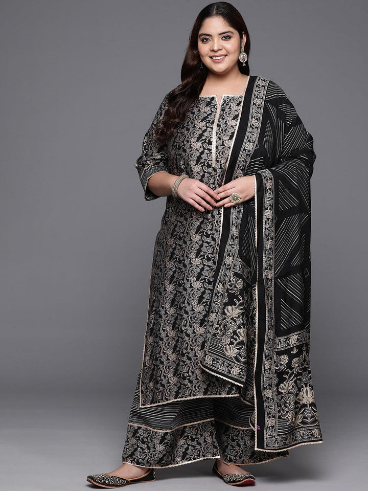 Plus Size Blue Printed Silk Blend Straight Suit With Dupatta