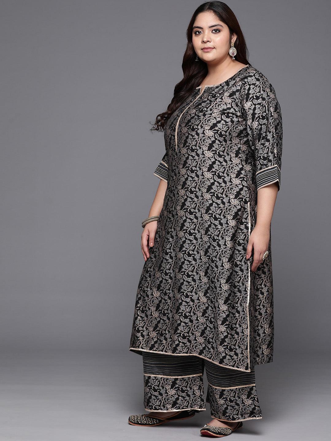 Plus Size Blue Printed Silk Blend Straight Kurta With Palazzos & Dupatta - ShopLibas 