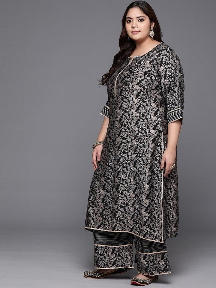 Plus Size Blue Printed Silk Blend Straight Suit With Dupatta