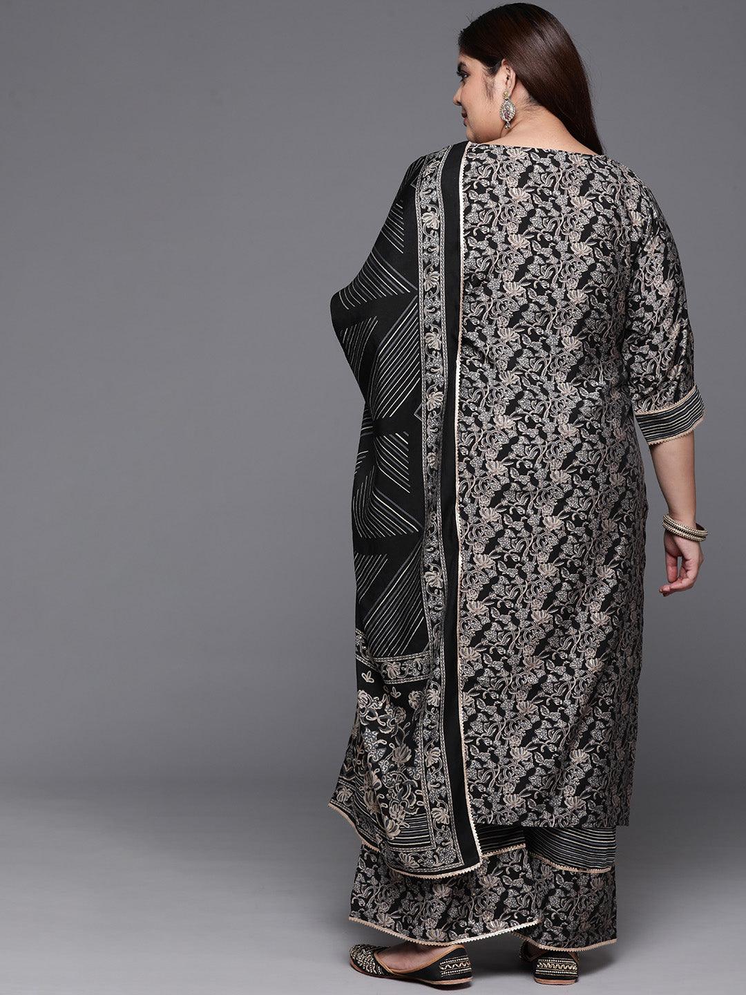Plus Size Blue Printed Silk Blend Straight Kurta With Palazzos & Dupatta - ShopLibas 
