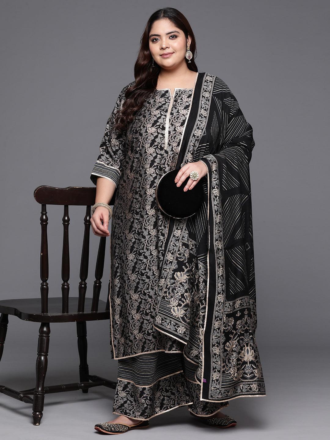 Plus Size Blue Printed Silk Blend Straight Kurta With Palazzos & Dupatta - ShopLibas 