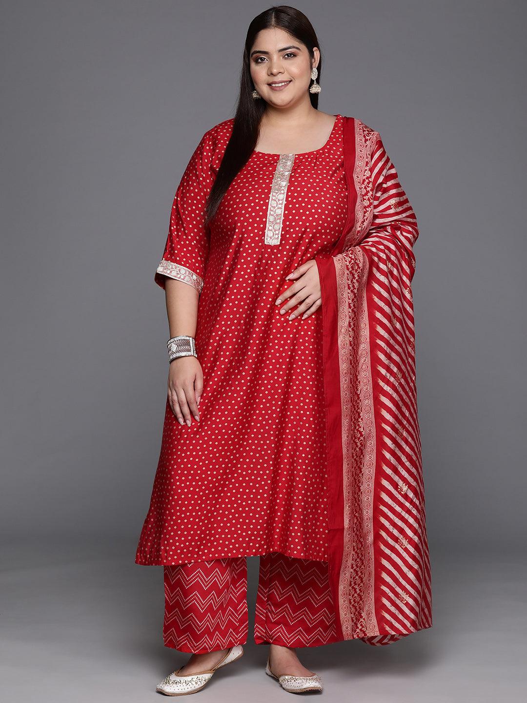 Plus Size Red Printed Silk Blend Straight Kurta With Trousers & Dupatta - ShopLibas 