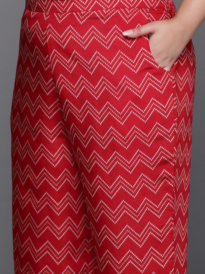 Plus Size Red Printed Silk Blend Straight Suit With Dupatta