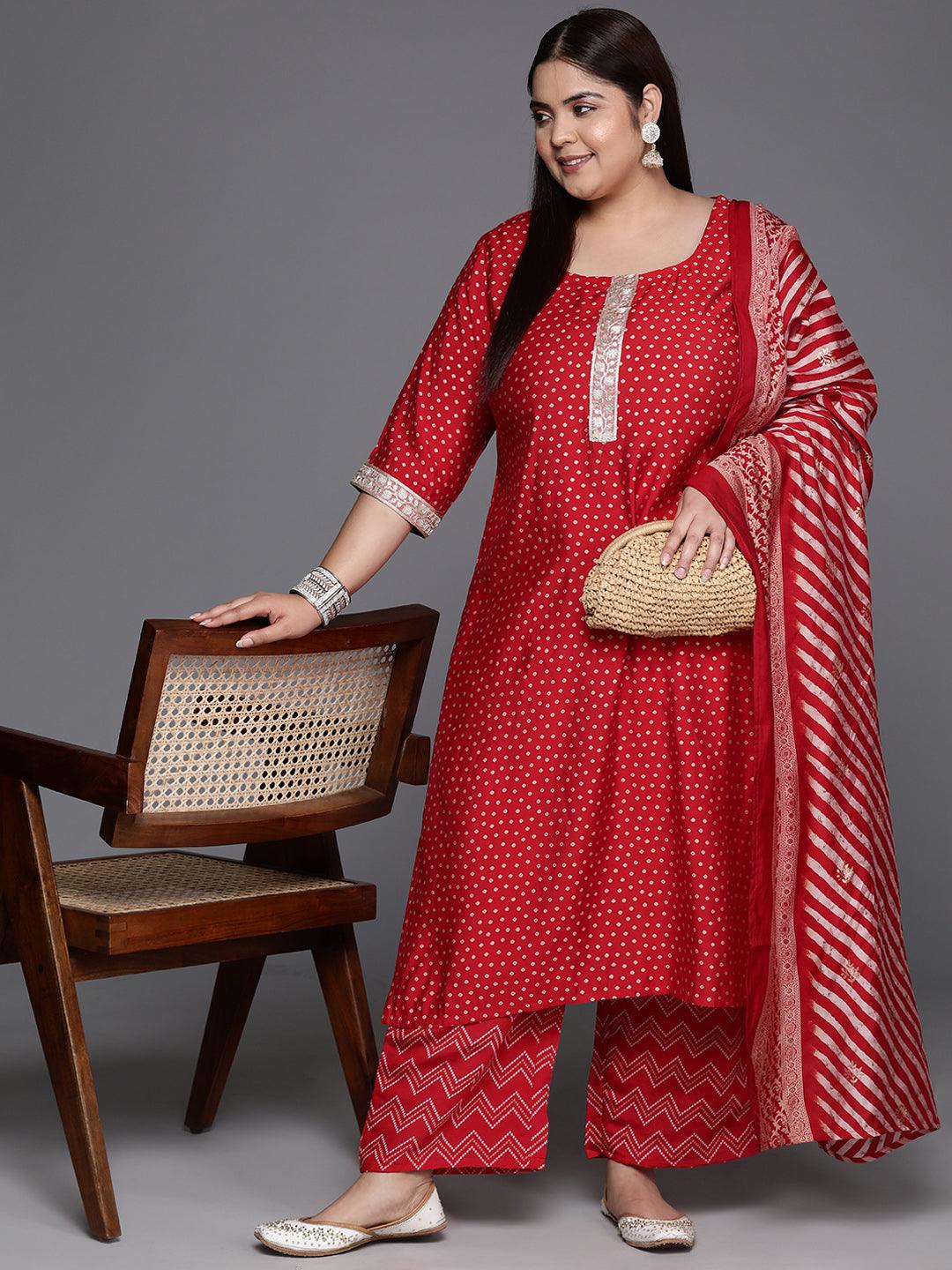 Plus Size Red Printed Silk Blend Straight Kurta With Trousers & Dupatta - ShopLibas 