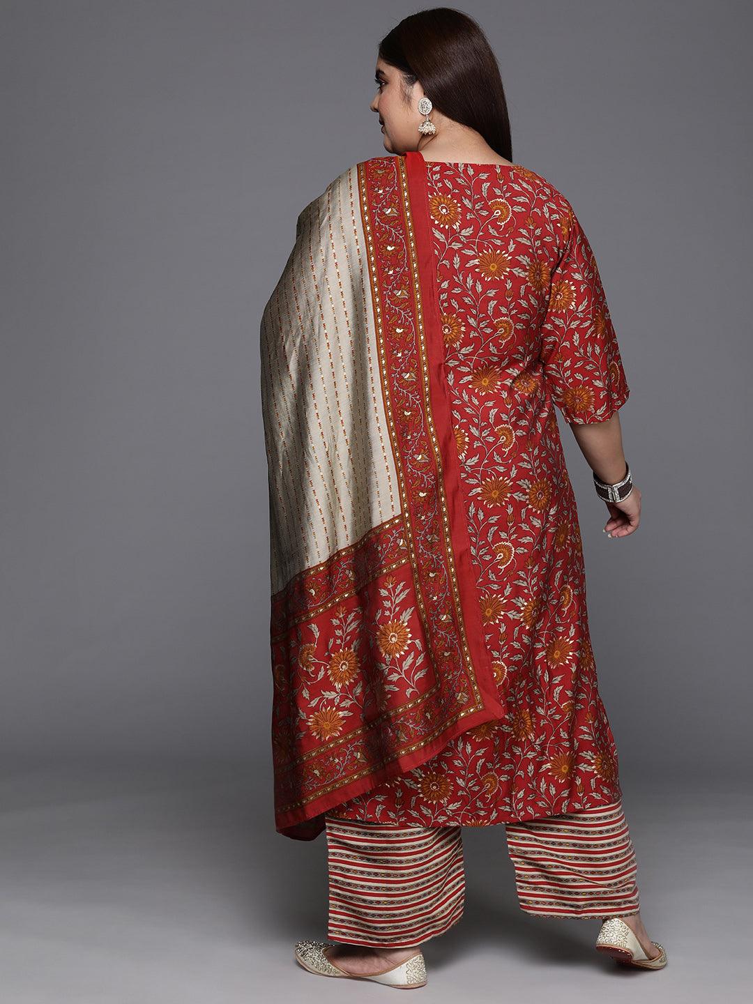 Plus Size Red Yoke Design Silk Blend Straight Kurta With Trousers & Dupatta - ShopLibas