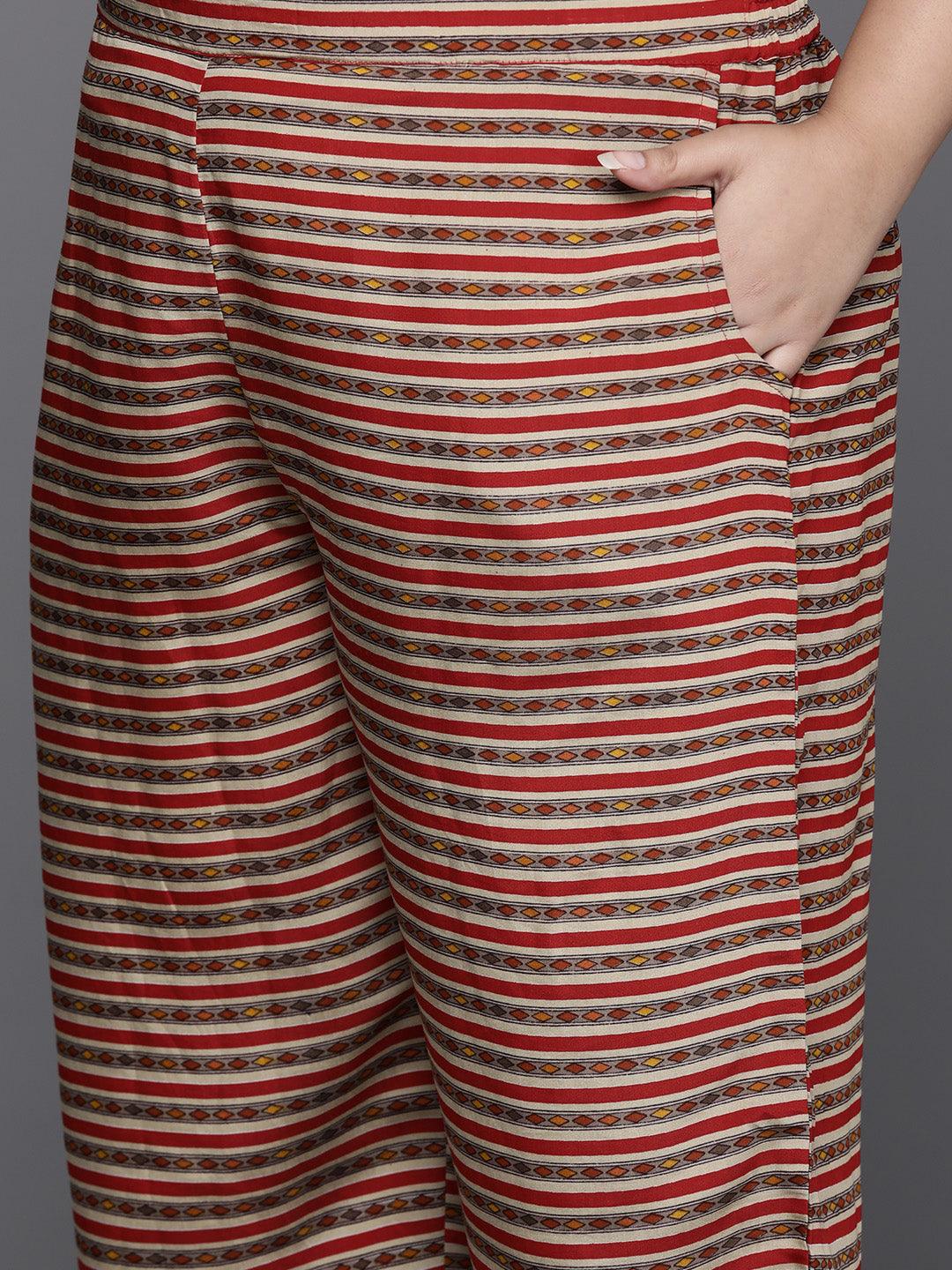 Plus Size Red Yoke Design Silk Blend Straight Kurta With Trousers & Dupatta - ShopLibas 