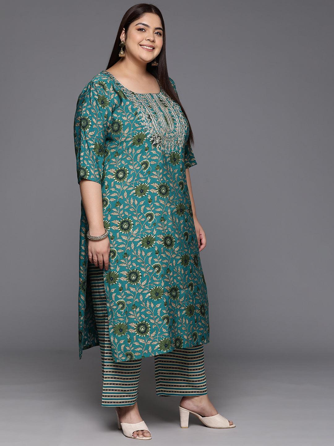 Plus Size Blue Yoke Design Silk Blend Straight Kurta With Trousers & Dupatta - ShopLibas 