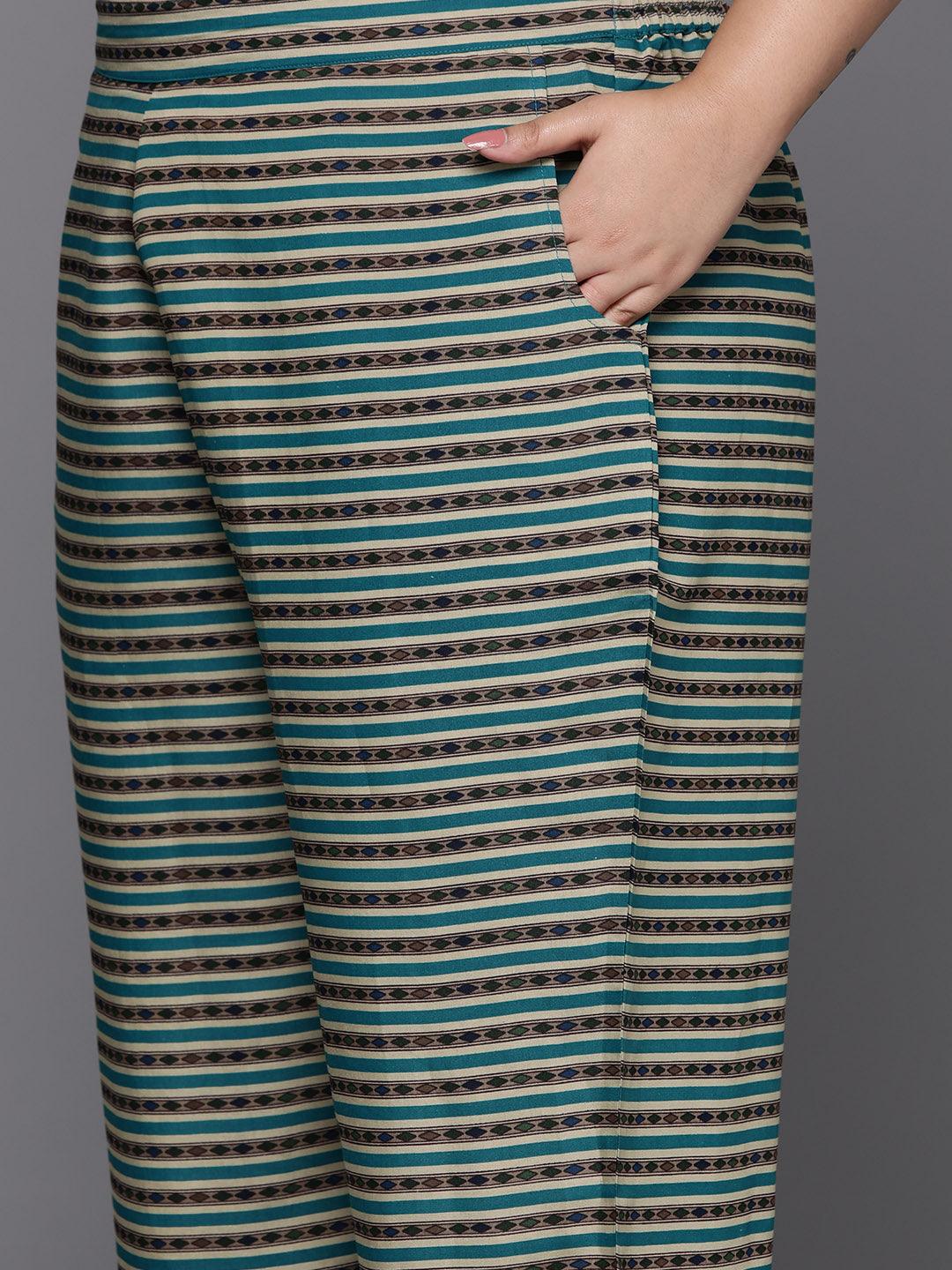 Plus Size Blue Yoke Design Silk Blend Straight Kurta With Trousers & Dupatta - ShopLibas 