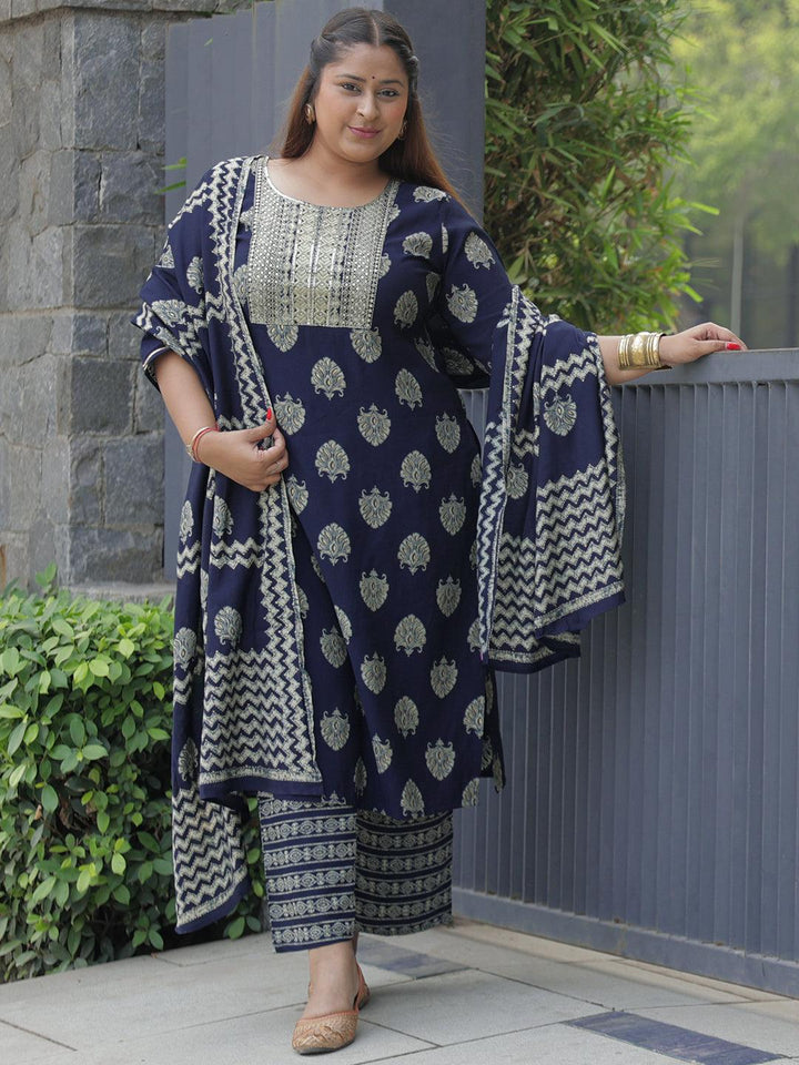 Blue Printed Silk Blend Straight Kurta With Trousers & Dupatta - ShopLibas