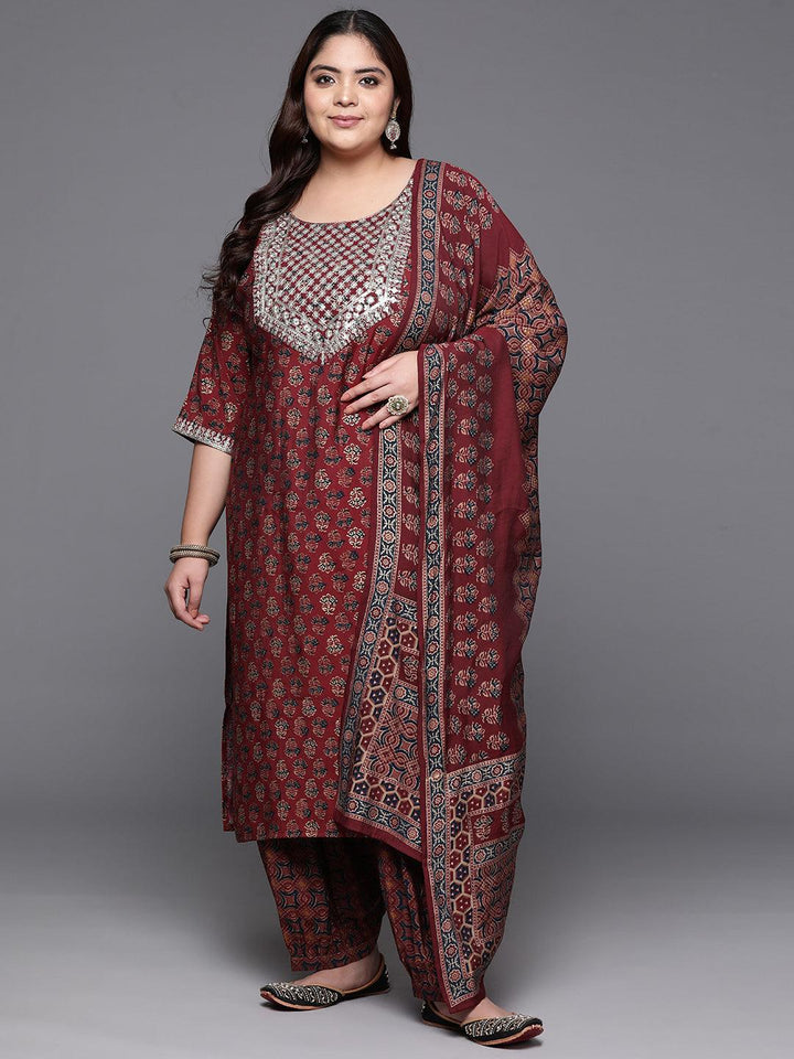 Plus Size Maroon Yoke Design Silk Blend Straight Suit With Dupatta