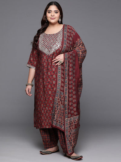 Plus Size Maroon Yoke Design Silk Blend Straight Kurta With Salwar & Dupatta - ShopLibas