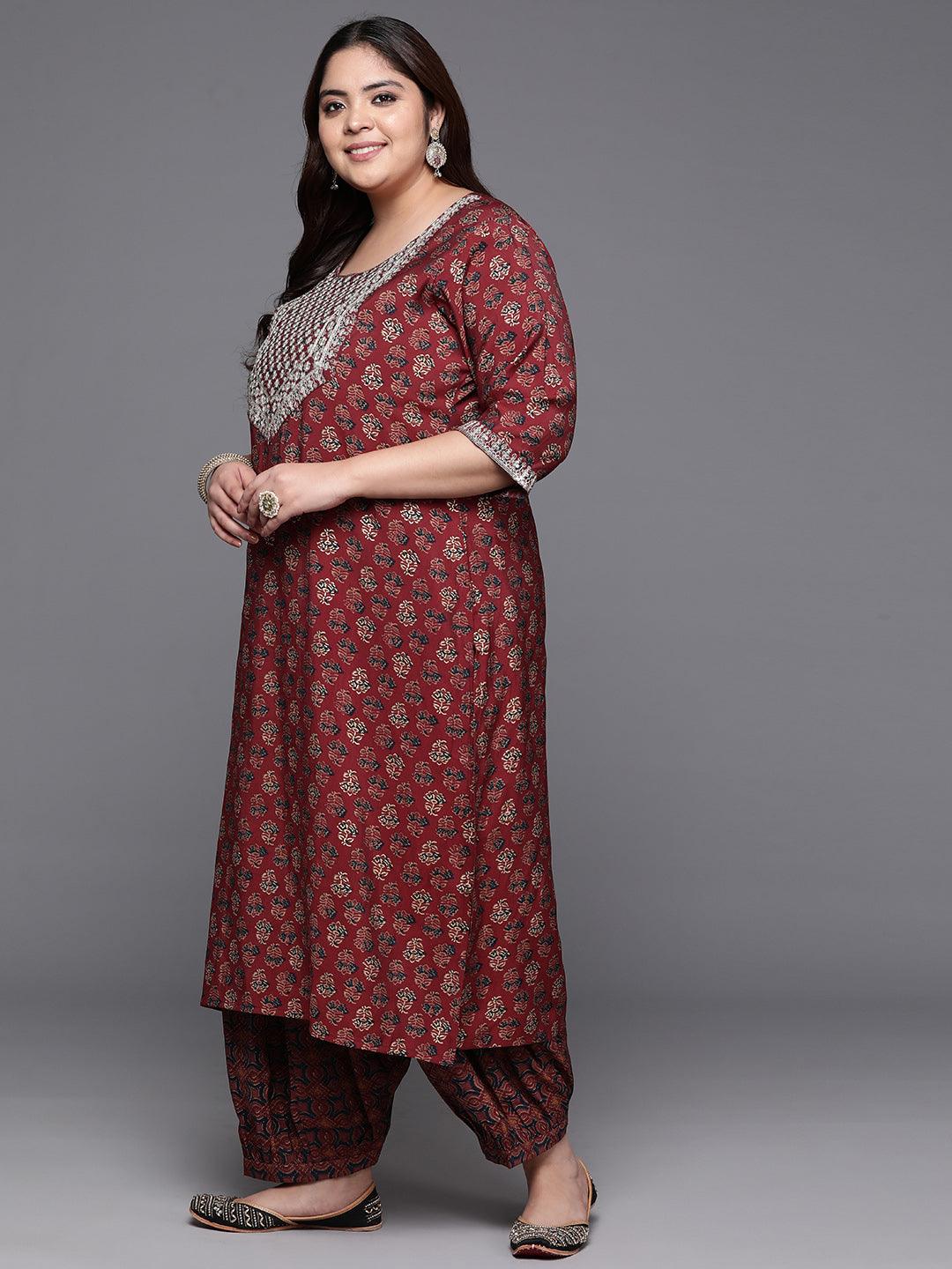Plus Size Maroon Yoke Design Silk Blend Straight Kurta With Salwar & Dupatta - ShopLibas 