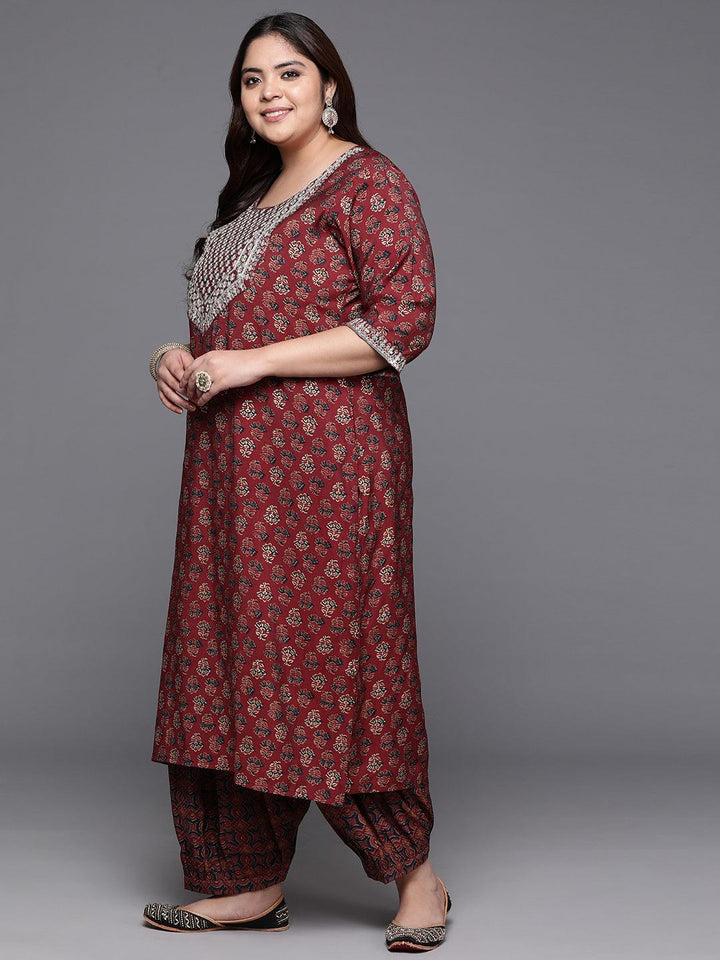 Plus Size Maroon Yoke Design Silk Blend Straight Suit With Dupatta