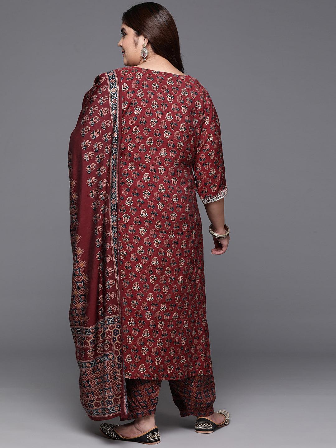 Plus Size Maroon Yoke Design Silk Blend Straight Kurta With Salwar & Dupatta - ShopLibas 
