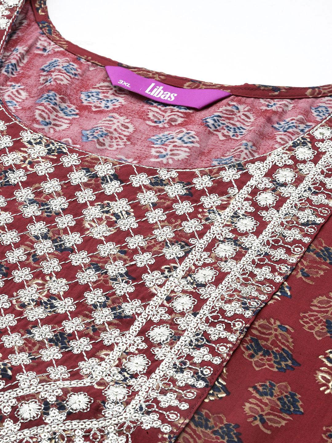 Plus Size Maroon Yoke Design Silk Blend Straight Kurta With Salwar & Dupatta - ShopLibas 