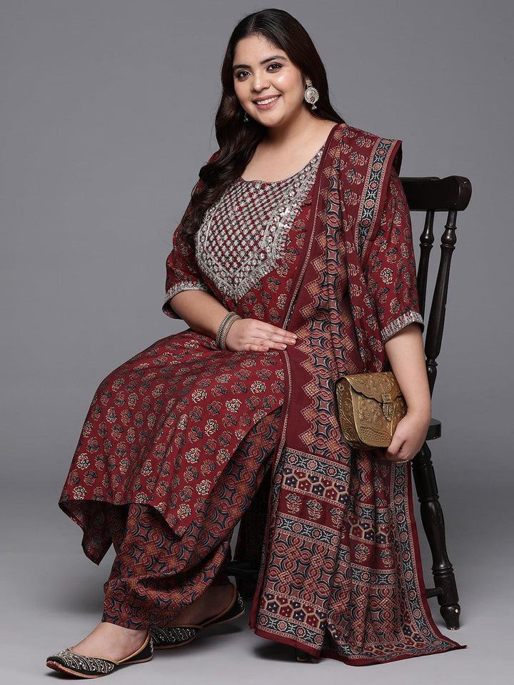 Plus Size Maroon Yoke Design Silk Blend Straight Suit With Dupatta