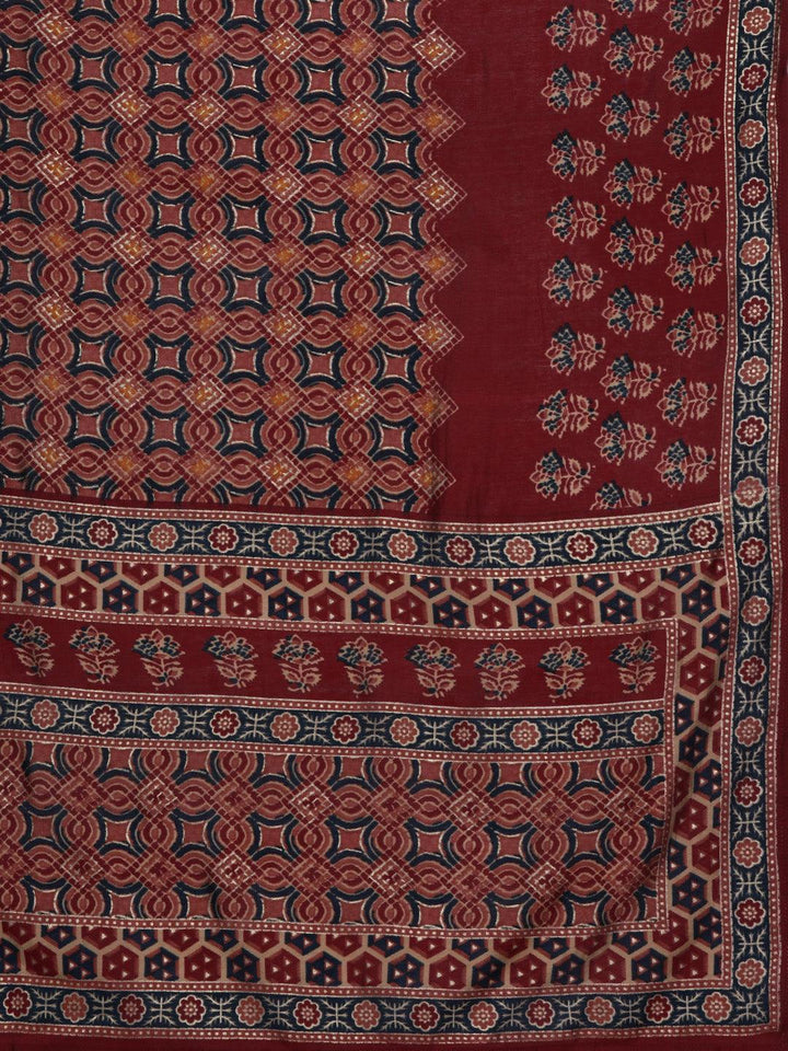 Plus Size Maroon Yoke Design Silk Blend Straight Suit With Dupatta