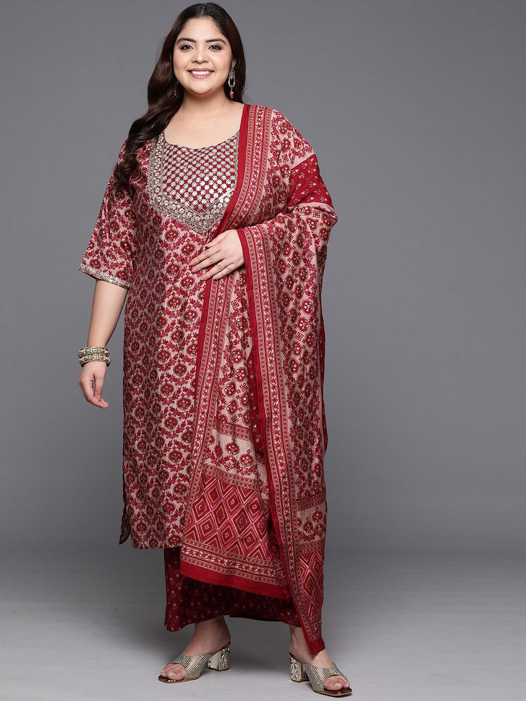 Plus Size Red Yoke Design Silk Blend Straight Kurta With Trousers & Dupatta - ShopLibas