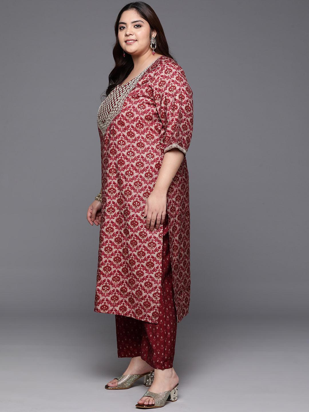 Plus Size Red Yoke Design Silk Blend Straight Kurta With Trousers & Dupatta - ShopLibas 