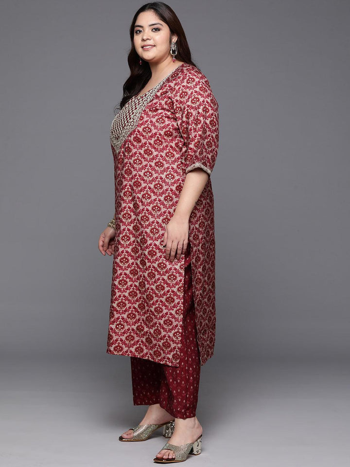 Plus Size Red Yoke Design Silk Blend Straight Suit With Dupatta
