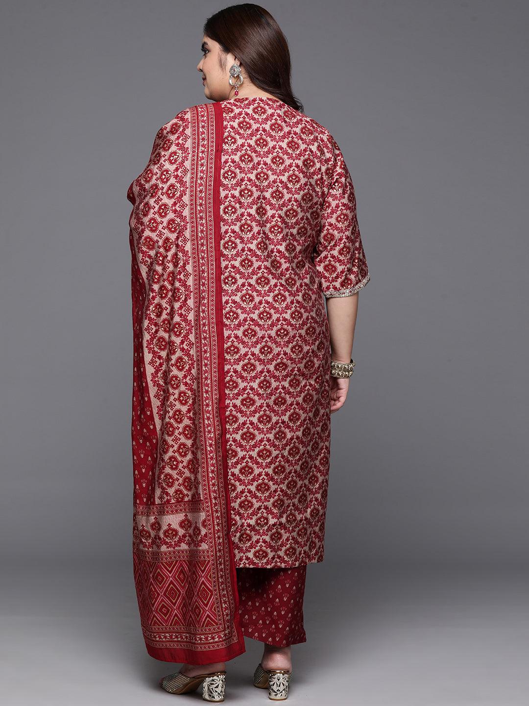Plus Size Red Yoke Design Silk Blend Straight Kurta With Trousers & Dupatta - ShopLibas 