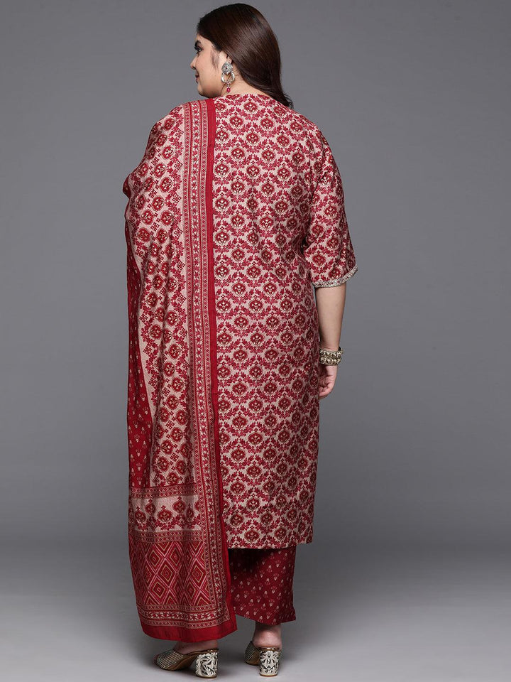 Plus Size Red Yoke Design Silk Blend Straight Suit With Dupatta