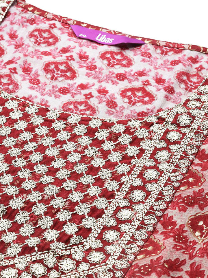 Plus Size Red Yoke Design Silk Blend Straight Suit With Dupatta