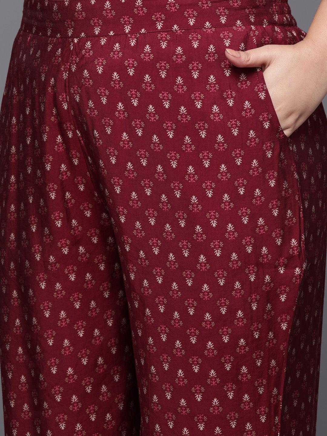 Plus Size Red Yoke Design Silk Blend Straight Kurta With Trousers & Dupatta - ShopLibas 