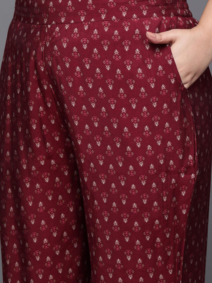 Plus Size Red Yoke Design Silk Blend Straight Suit With Dupatta