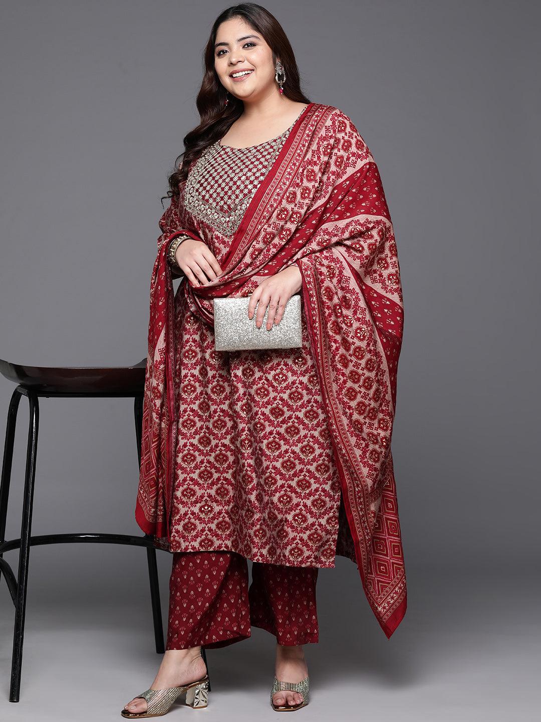 Plus Size Red Yoke Design Silk Blend Straight Kurta With Trousers & Dupatta - ShopLibas 