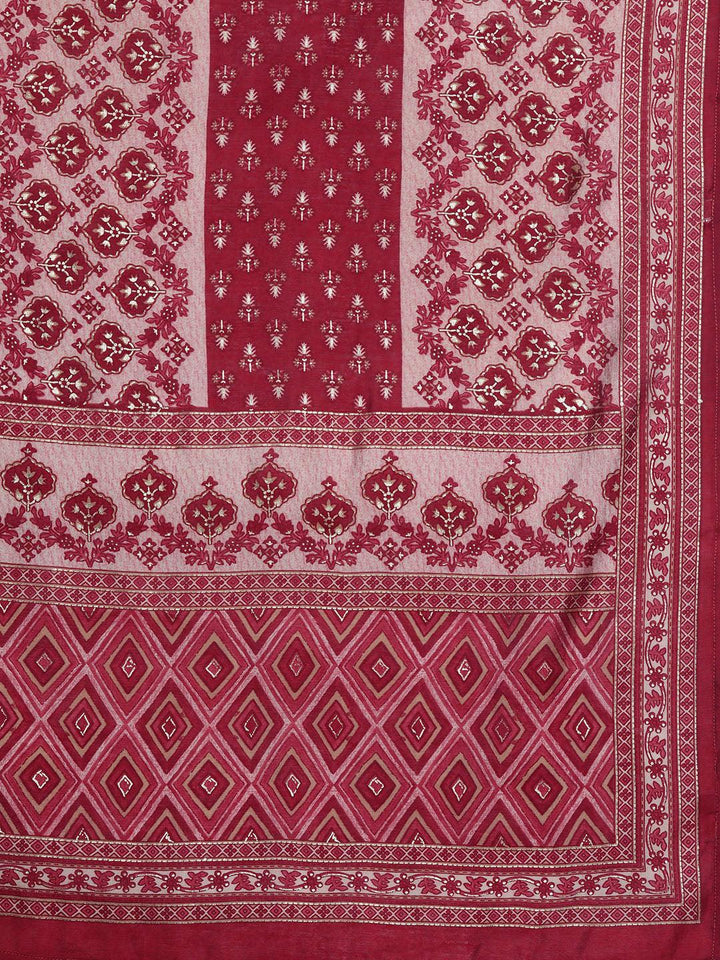 Plus Size Red Yoke Design Silk Blend Straight Suit With Dupatta