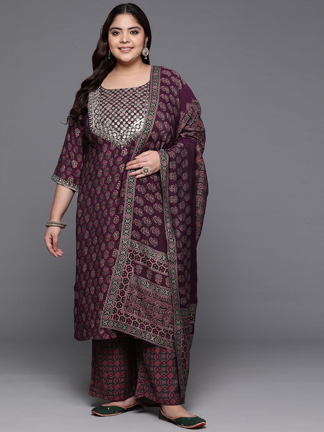 Plus Size Wine Yoke Design Silk Blend Straight Kurta With Trousers & Dupatta - ShopLibas