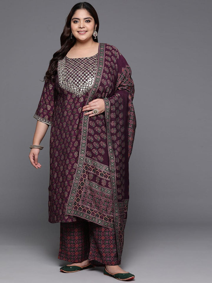 Plus Size Wine Yoke Design Silk Blend Straight Suit With Dupatta
