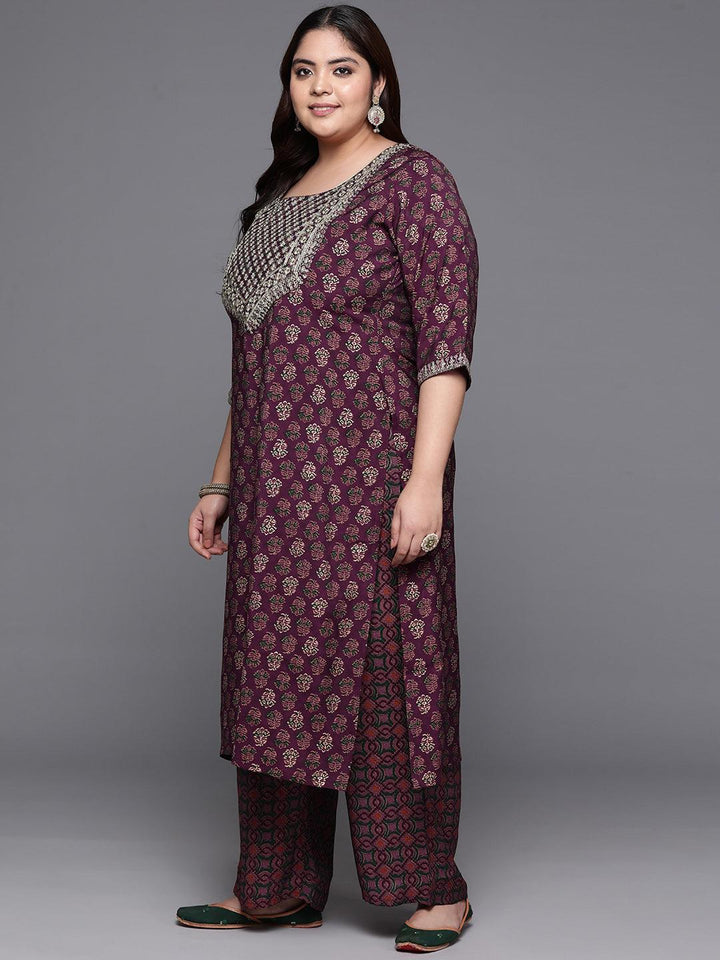 Plus Size Wine Yoke Design Silk Blend Straight Suit With Dupatta
