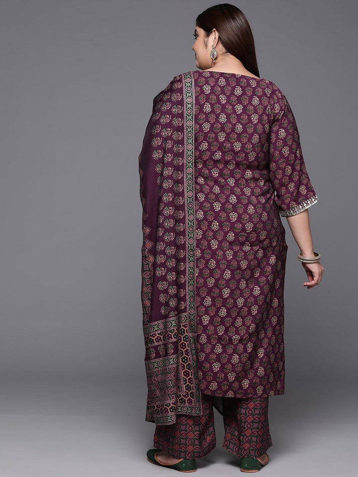 Plus Size Wine Yoke Design Silk Blend Straight Suit With Dupatta