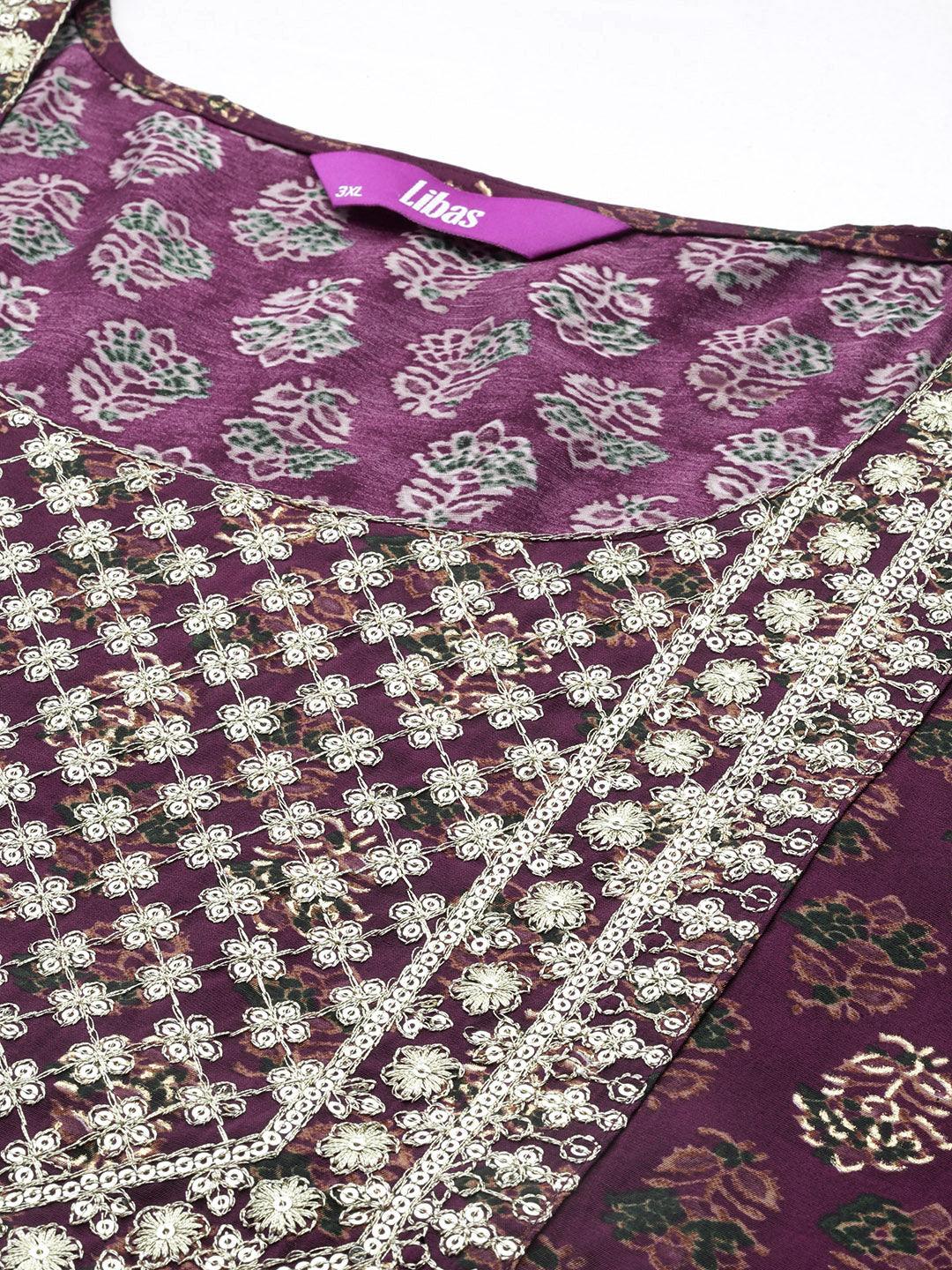 Plus Size Wine Yoke Design Silk Blend Straight Kurta With Trousers & Dupatta - ShopLibas 