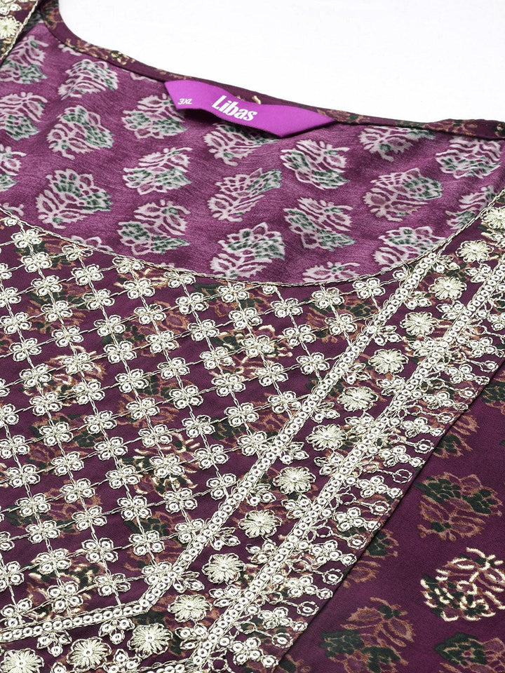 Plus Size Wine Yoke Design Silk Blend Straight Suit With Dupatta