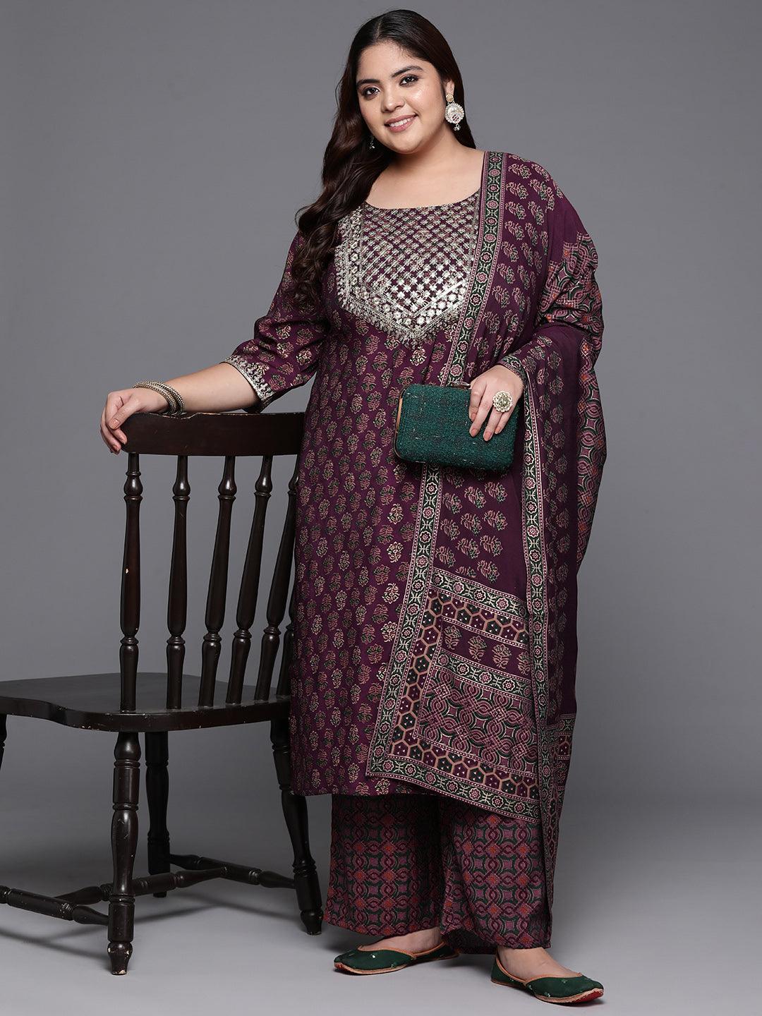Plus Size Wine Yoke Design Silk Blend Straight Kurta With Trousers & Dupatta - ShopLibas 