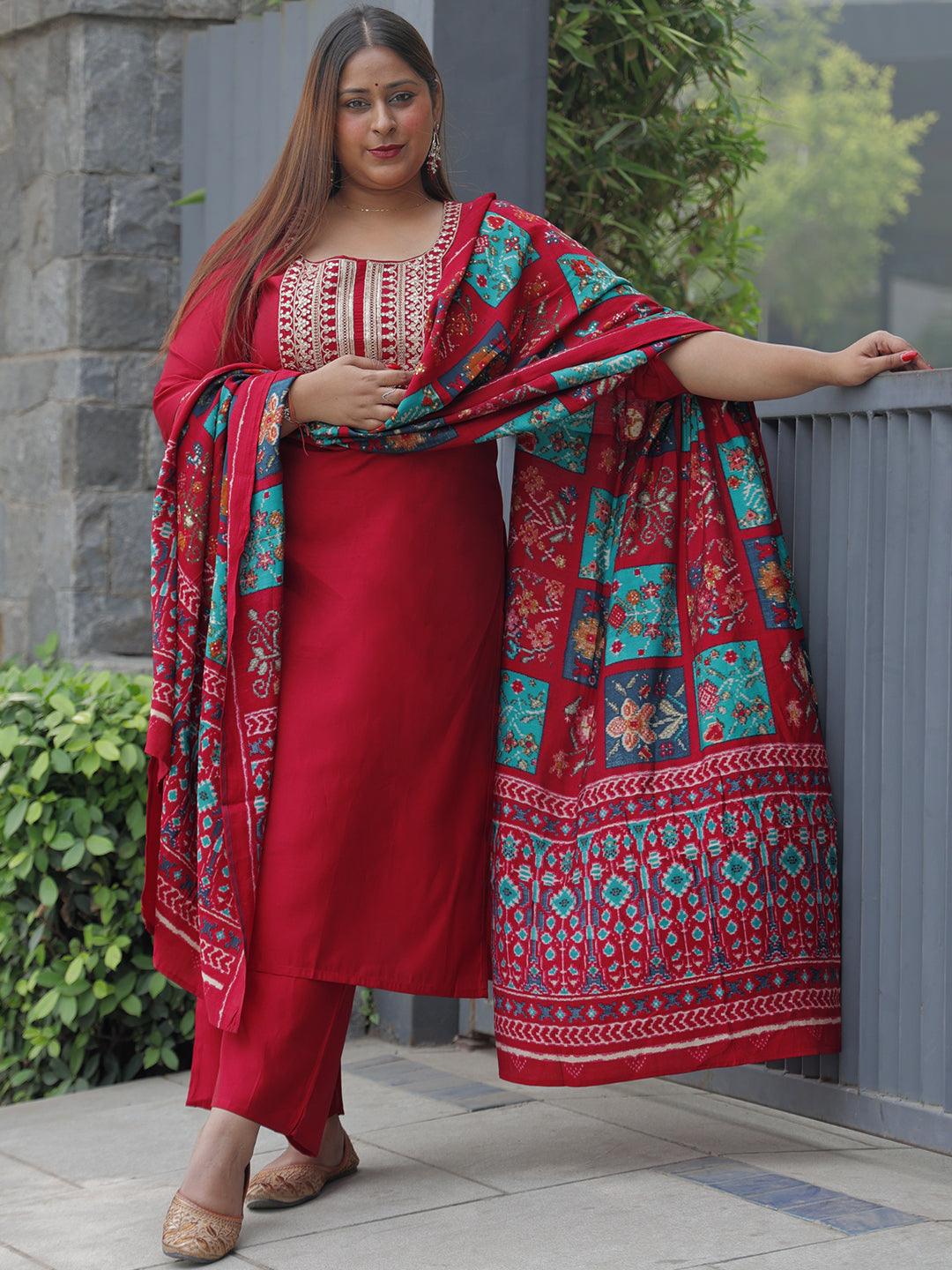 Pink Printed Silk Blend Straight Kurta With Trousers & Dupatta - ShopLibas