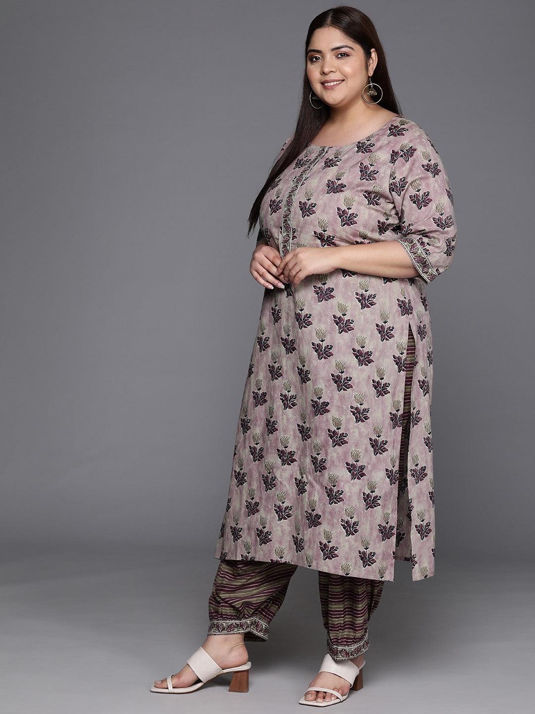 Plus Size Pink Printed Cotton Straight Kurta With Salwar & Dupatta - ShopLibas 
